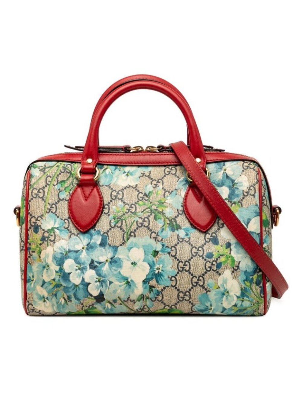 Gucci GG Blue Mus Flower Small Boston Bag 2-Way Beige Red Leather